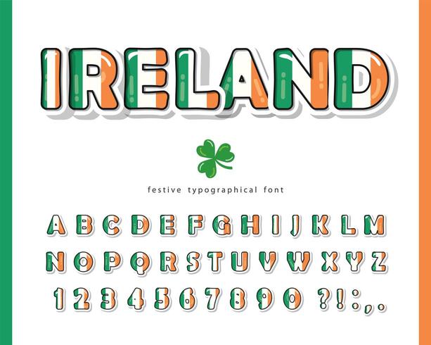 Fonte dos desenhos animados da Irlanda. Cores da bandeira nacional irlandesa. vetor