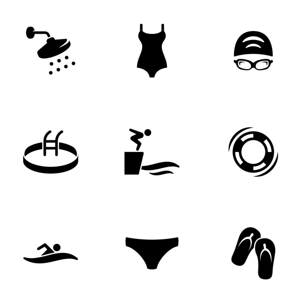 conjunto de ícones simples em um pool de tema, vetor, design, coleção, plano, sinal, símbolo, elemento, objeto, ilustração, isolado. fundo branco vetor