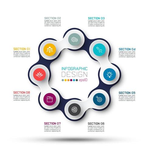 Círculo vinculado com infográficos de ícone de negócios sobre fundo de mapa do mundo. vetor