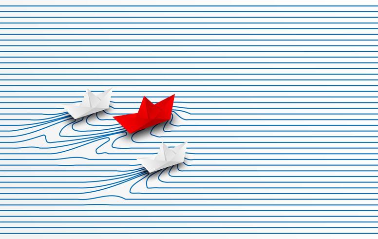 Barco de papel vermelho levando barcos de papel branco através da água para a meta vetor