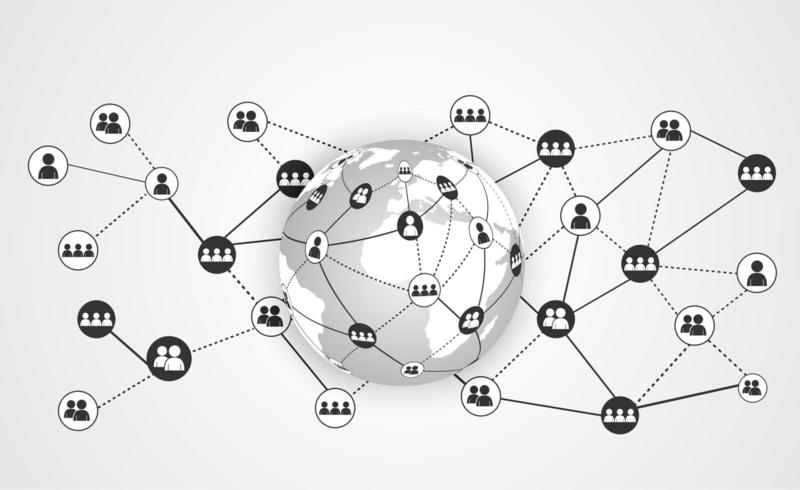 Comunicação de negócios globais com o mapa do mundo e usuários conectados vetor