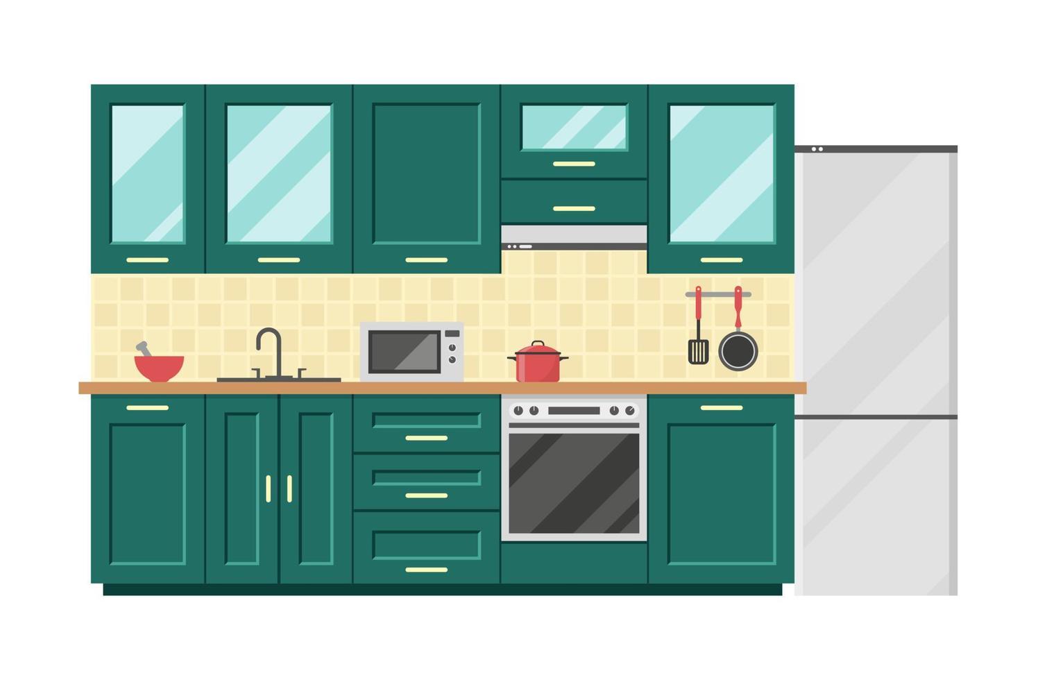 ilustração vetorial plana, interior da cozinha, móveis, equipamentos de preparação de alimentos, talheres vetor