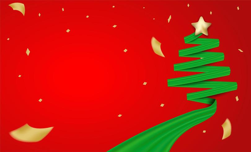 Design de Natal com fita verde árvore de Natal e confetes de folha de ouro vetor