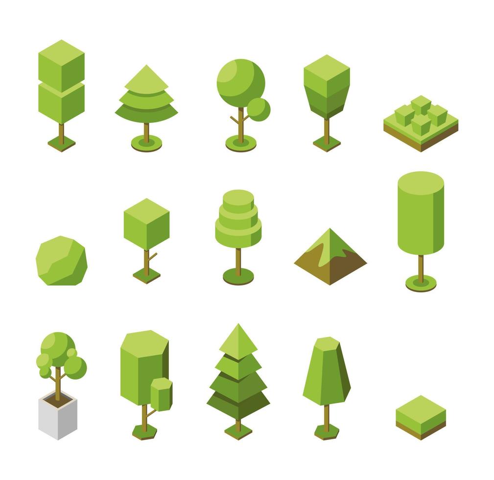conjunto de vetores de ícones isométricos de árvore. coleção de objetos botânicos naturais. ilustração 3D de plantas. o conceito de representar a árvore na forma de forma geométrica simples. planta para o parque, jardim