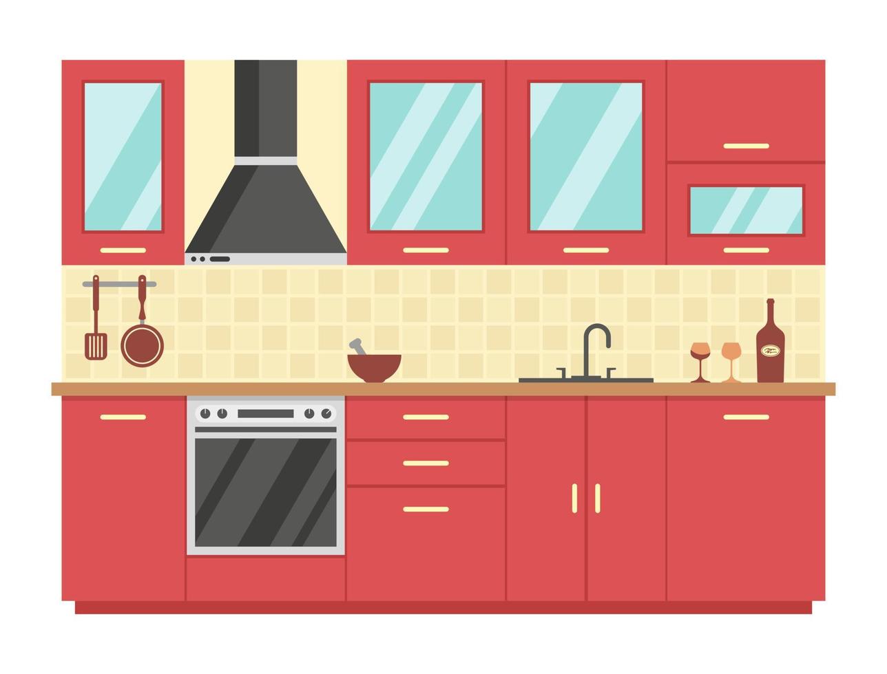 ilustração vetorial plana, interior da cozinha, móveis, equipamentos de preparação de alimentos, talheres vetor