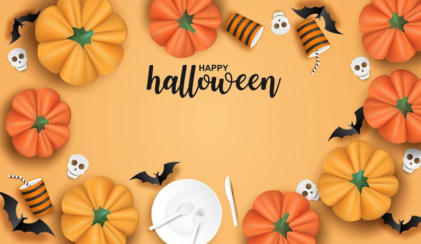 Design de Halloween com talheres, morcegos e abóboras na laranja vetor