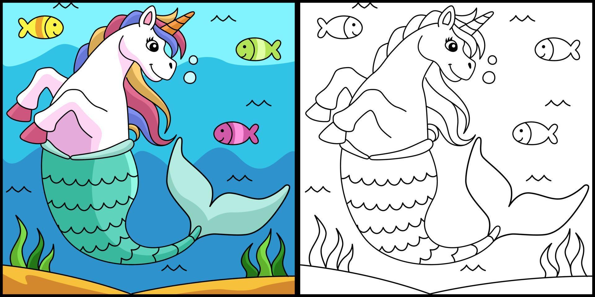 sereia unicórnio para colorir ilustração colorida vetor