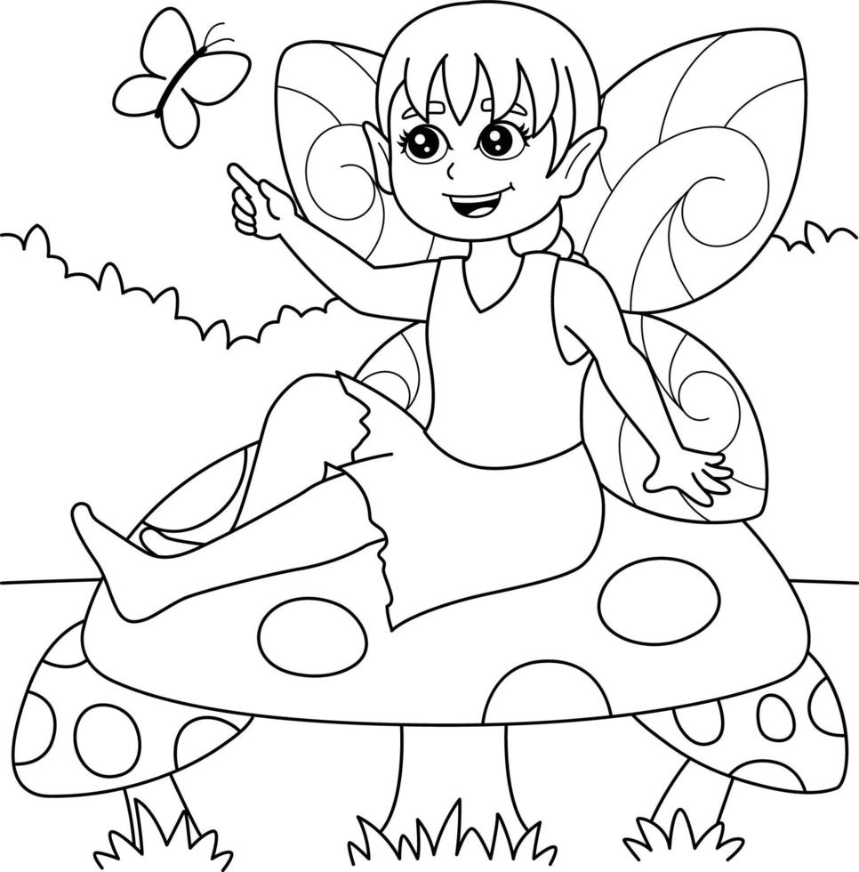 fada sentada em um cogumelo para colorir para crianças vetor