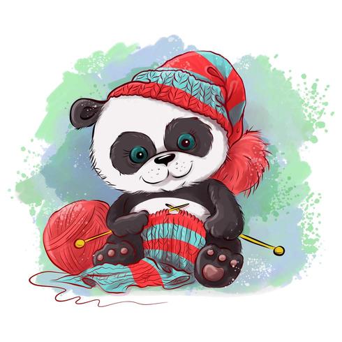 Panda de aquarela dos desenhos animados tricota um cachecol vetor