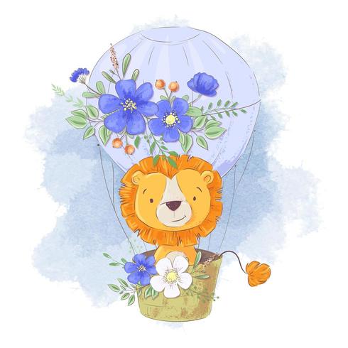 Leão bonito dos desenhos animados em um balão com flores vetor