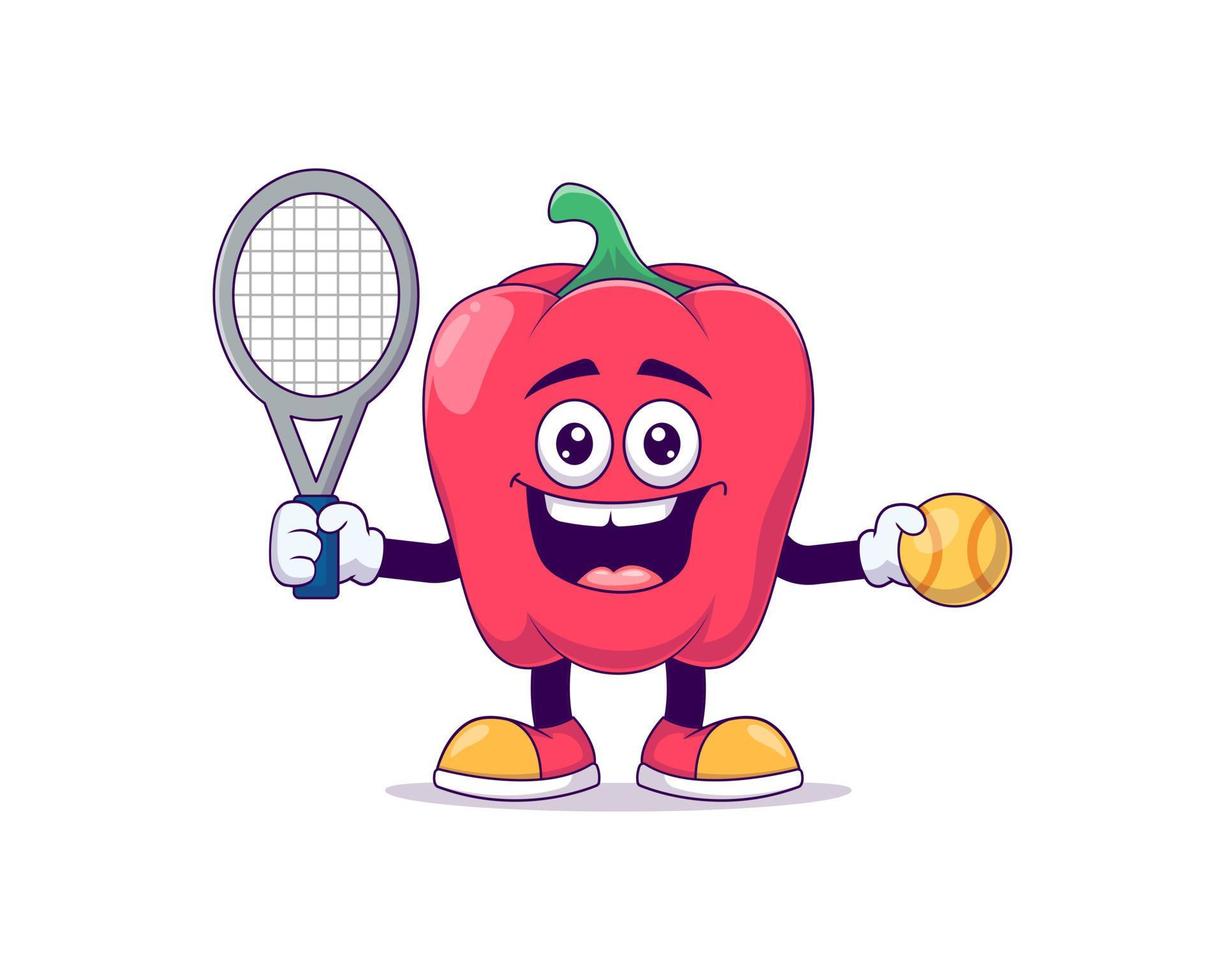 pimentão vermelho jogando tênis mascote dos desenhos animados vetor