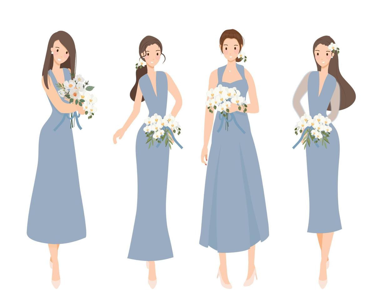 linda dama de honra feliz em vestido azul coleção de cerimônia de vestido de noiva vetor