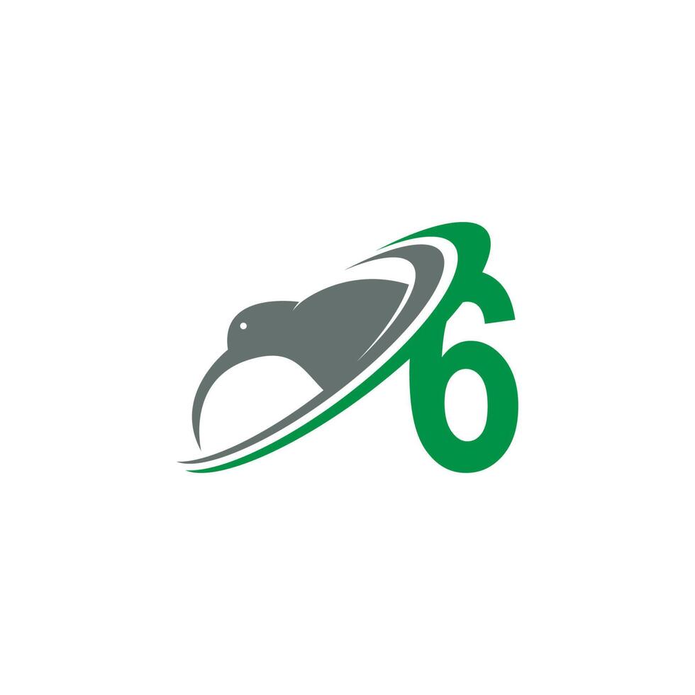 número 6 com vetor de design de ícone de logotipo de pássaro kiwi