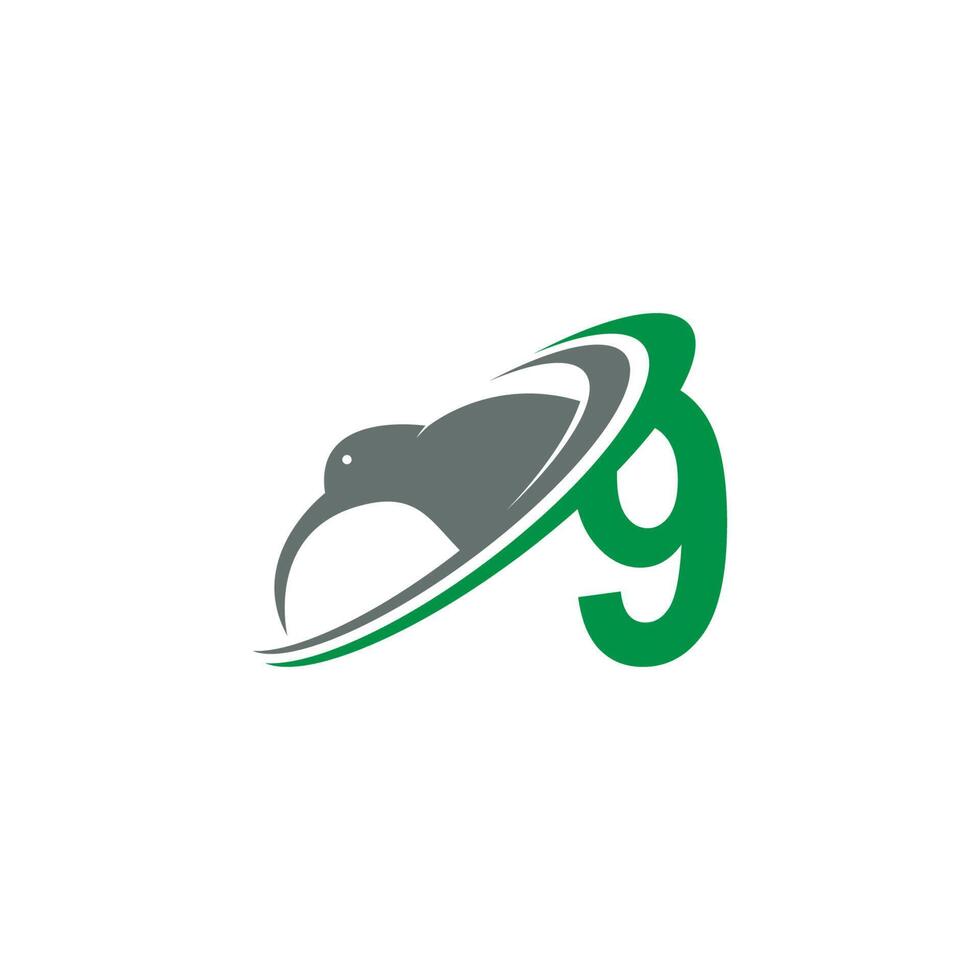 número 9 com vetor de design de ícone de logotipo de pássaro kiwi