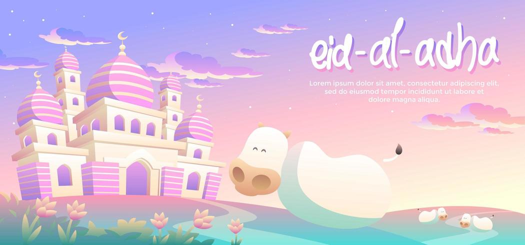 Eid Al Adha com vacas felizes à tarde vetor