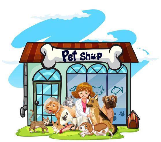 Veterinário e muitos animais de estimação em pet shop vetor