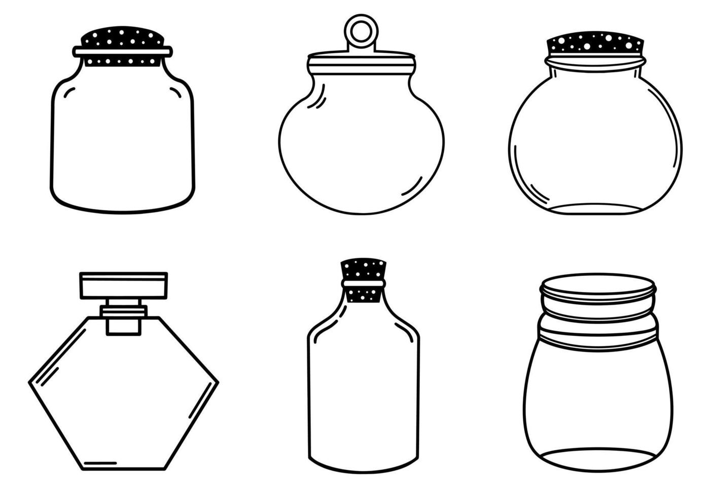 conjunto de frascos vazios com tampas. ícones vetoriais isolados no fundo branco. recipientes de vidro para alimentos. doodle desenhado à mão, contorno das garrafas. silhueta de frasco. vetor