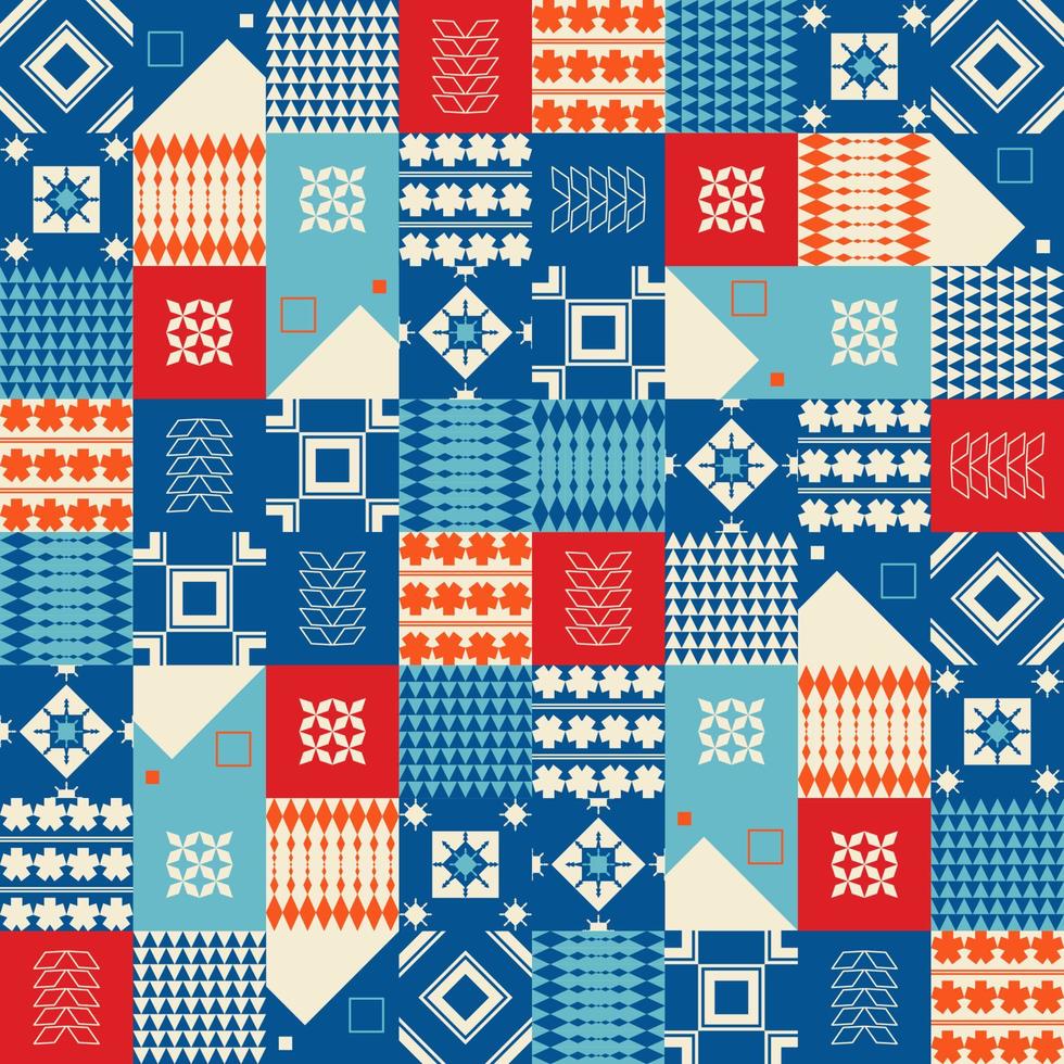 cor moderna abstrata neo geométrica forma étnica patchwork sem costura de fundo. uso para tecido, têxtil, elementos de decoração de interiores, estofados, embrulhos. vetor