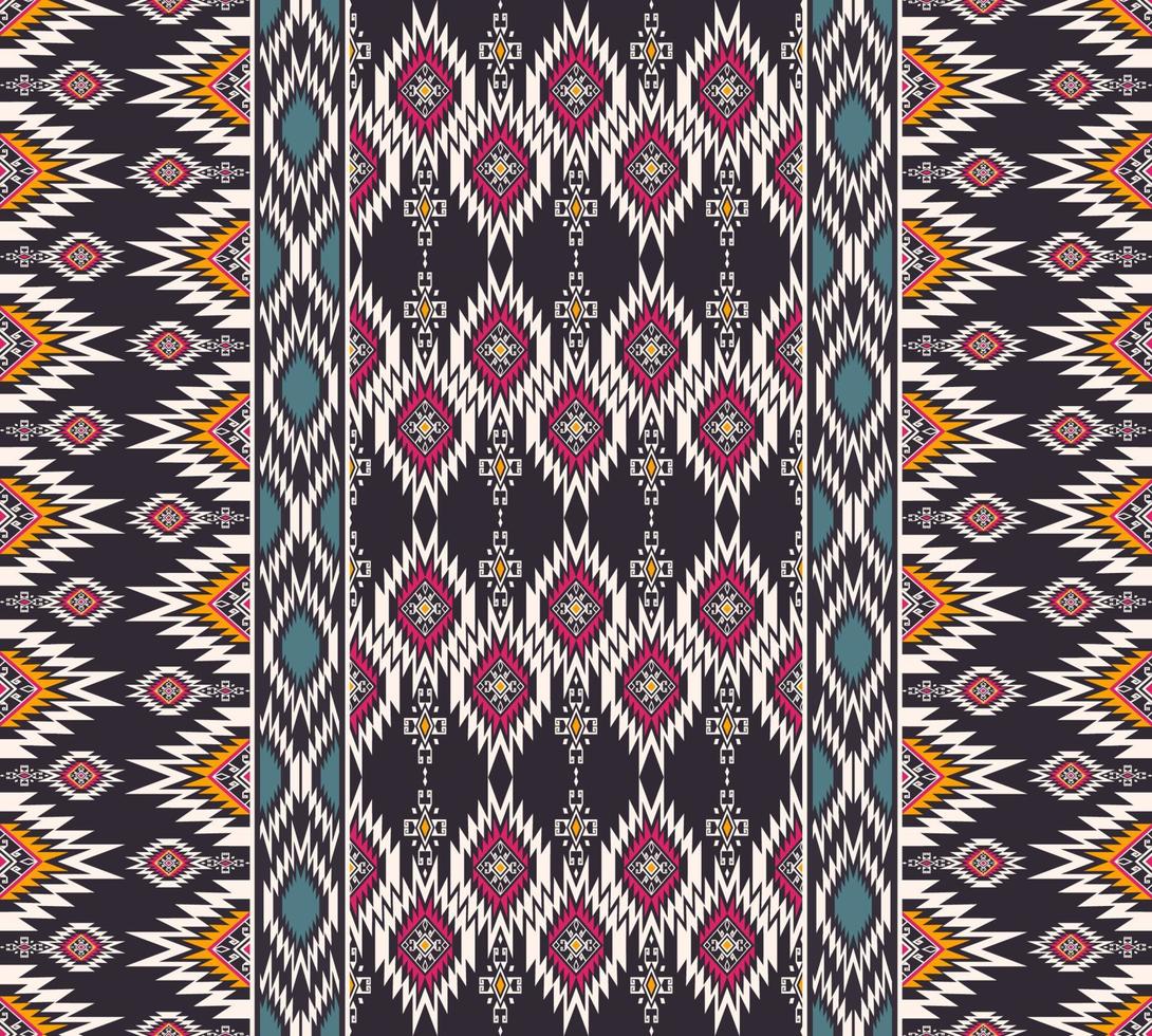 ikat étnica tribal colorido losango vermelho-amarelo forma quadrada e padrão sem emenda de borda vertical em fundo preto. uso para tecido, têxtil, elementos de decoração de interiores, estofados. vetor