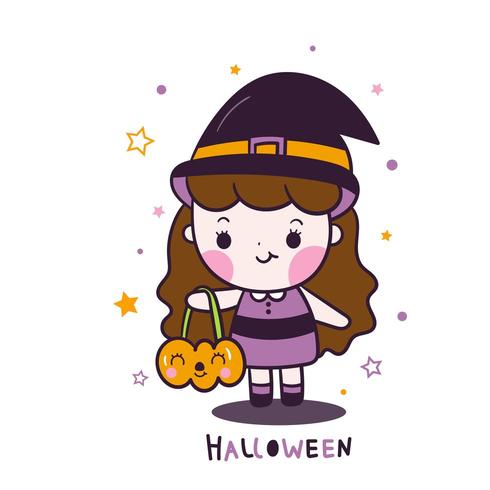 Desenho de menina kawaii Halloween segurando balde de abóbora dos desenhos animados com estrela vetor