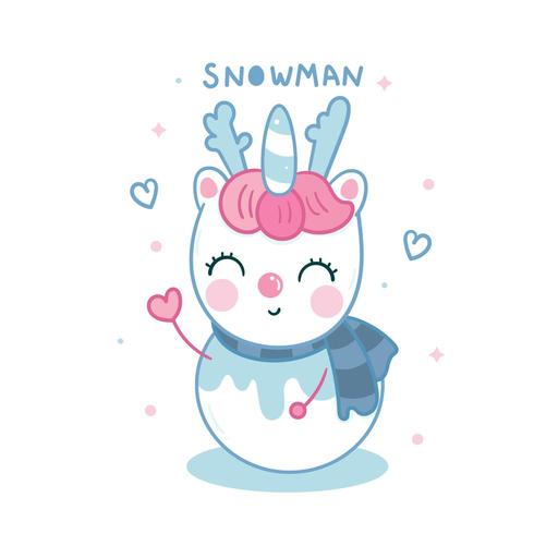 Unicórnio bonito rena boneco de neve Kawaii dos desenhos animados Natal inverno personagem vetor