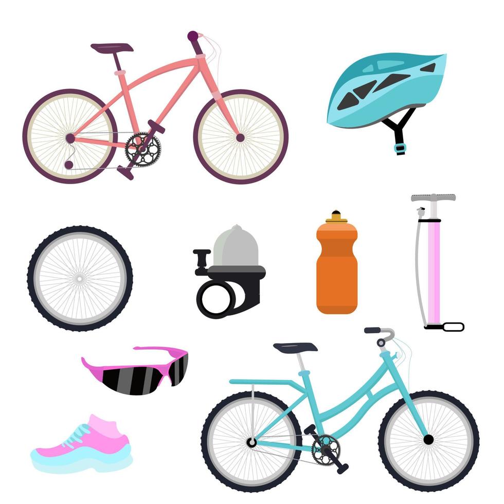 conjunto de acessórios de bicicleta e bicicleta vetor