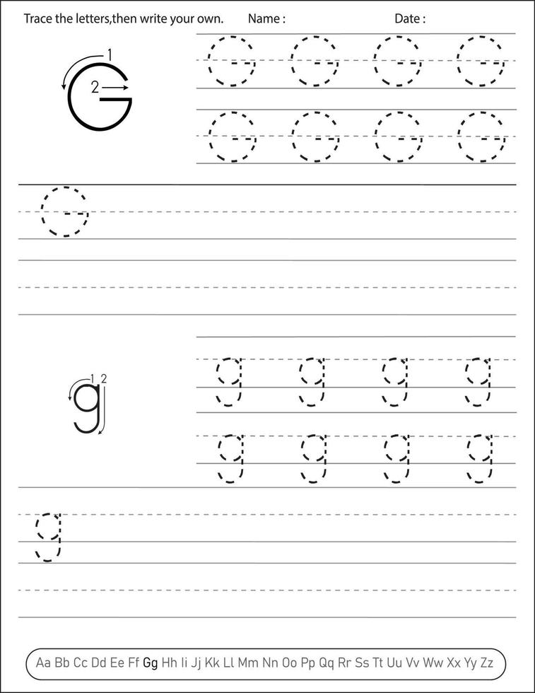 planilha de prática de caligrafia do alfabeto. atividade do alfabeto para pré-escolares e jardim de infância. atividade de ingles para criancas vetor