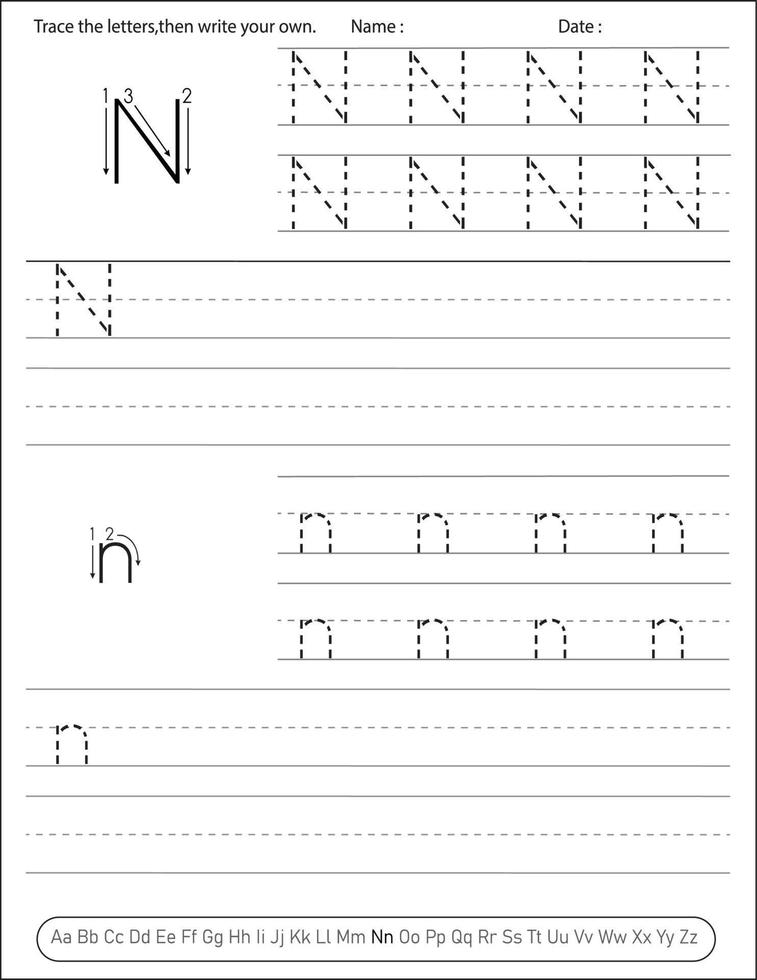 planilha de prática de caligrafia do alfabeto. atividade do alfabeto para pré-escolares e jardim de infância. atividade de ingles para criancas vetor