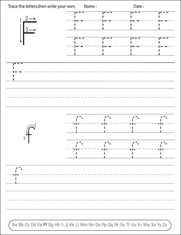 planilha de prática de caligrafia do alfabeto. atividade do alfabeto para pré-escolares e jardim de infância. atividade de ingles para criancas vetor