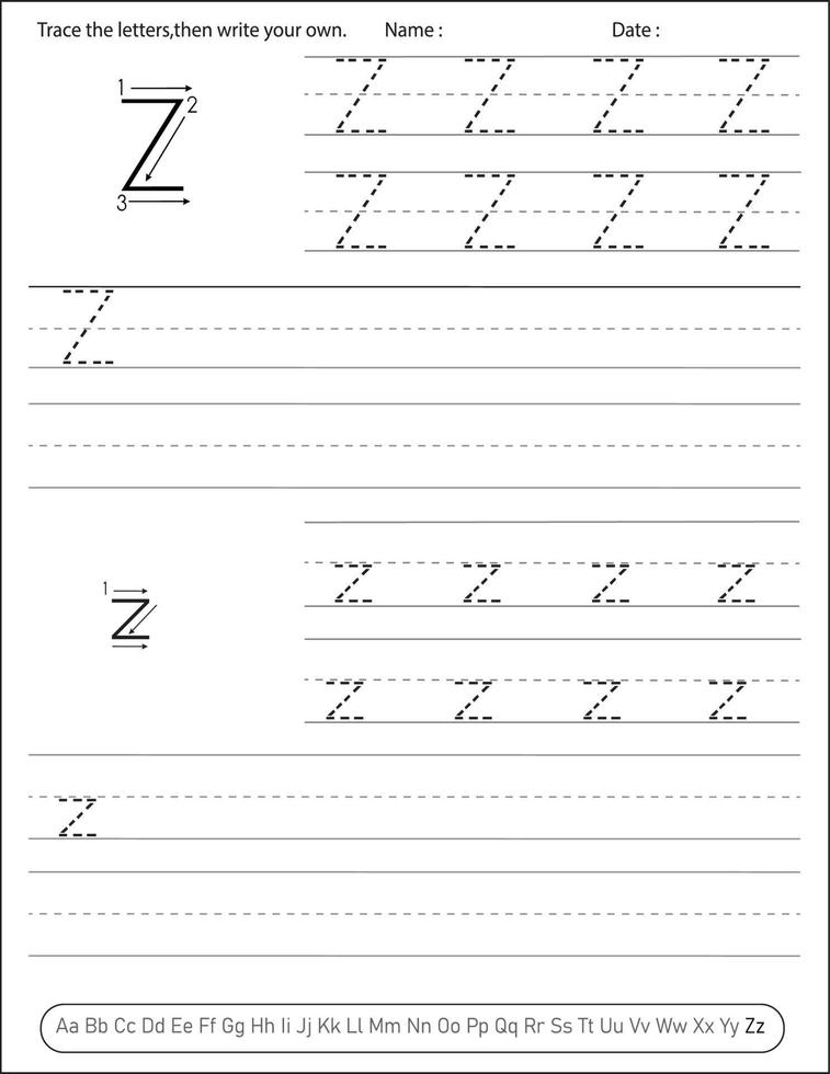 planilha de prática de caligrafia do alfabeto. atividade do alfabeto para pré-escolares e jardim de infância. atividade de ingles para criancas vetor