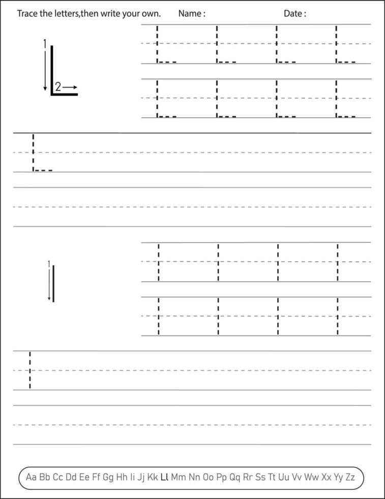 planilha de prática de caligrafia do alfabeto. atividade do alfabeto para pré-escolares e jardim de infância. atividade de ingles para criancas vetor