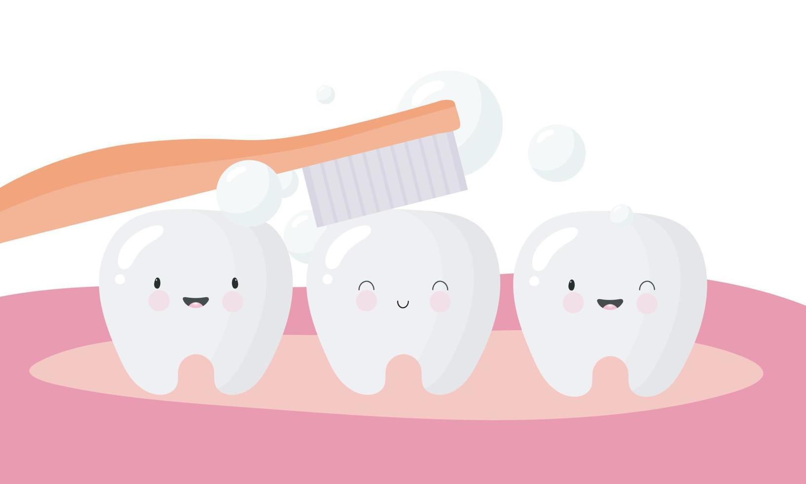 cartaz sobre higiene dental em estilo cartoon. a ilustração mostra dentes engraçados e a escova de dentes que o limpa. conceito odontológico para crianças odontologia e ortodontia. ilustração vetorial. vetor