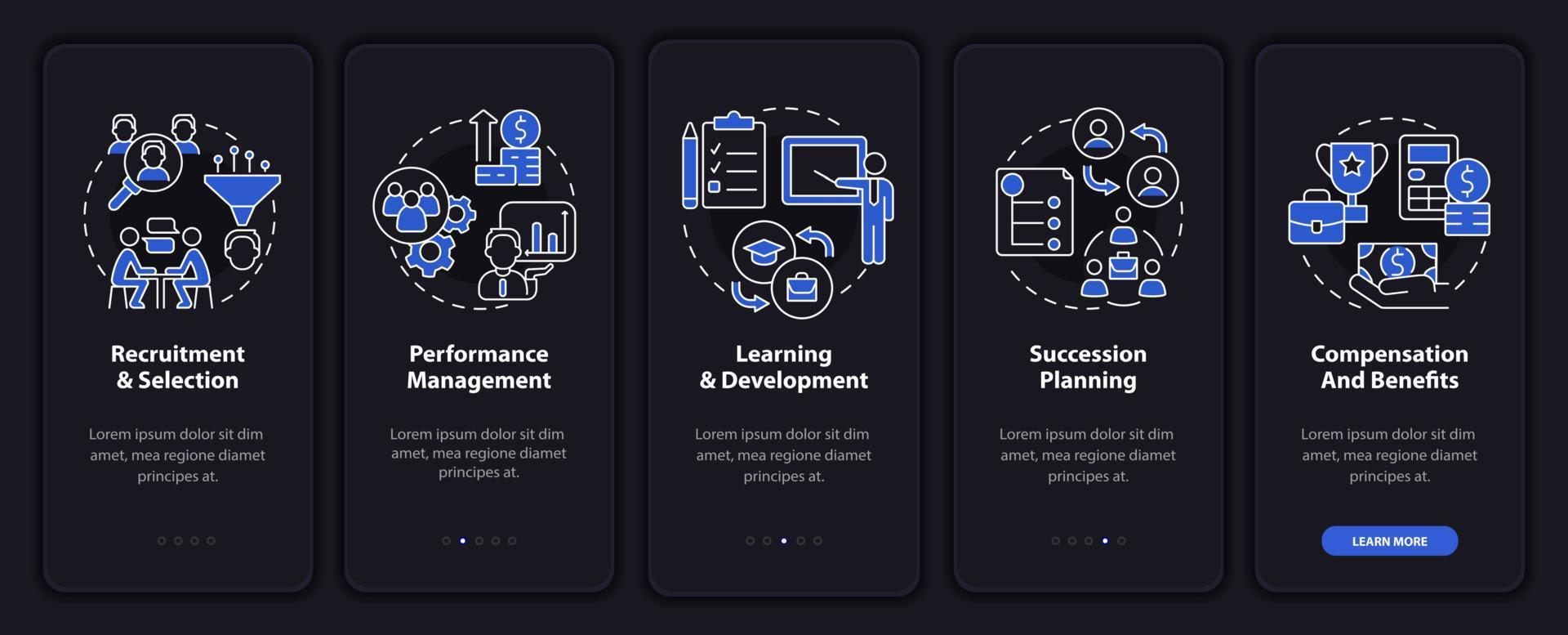 Noções básicas de gerenciamento de RH tela do aplicativo móvel de integração do modo noturno. passo a passo 5 passos páginas de instruções gráficas com conceitos lineares. ui, ux, modelo de gui. uma miríade de fontes regulares pró-negrito usadas vetor