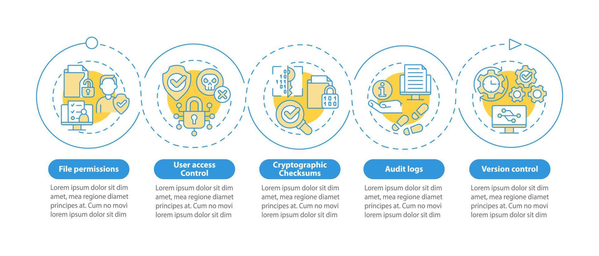 modelo de infográfico de círculo azul de integridade. dados pessoais. visualização de dados com 5 passos. gráfico de informações da linha do tempo do processo. layout de fluxo de trabalho com ícones de linha. uma miríade de fontes regulares pró-negrito usadas vetor