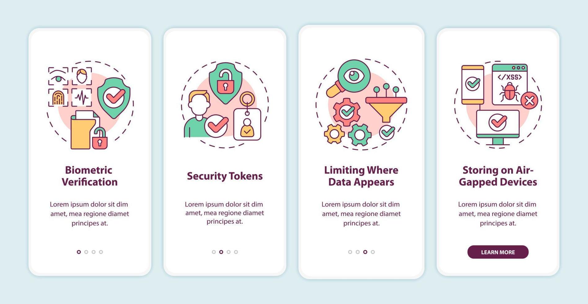 contramedidas de confidencialidade na tela do aplicativo móvel. passo a passo de segurança 4 etapas páginas de instruções gráficas com conceitos lineares. ui, ux, modelo de gui. uma miríade de fontes regulares pró-negrito usadas vetor