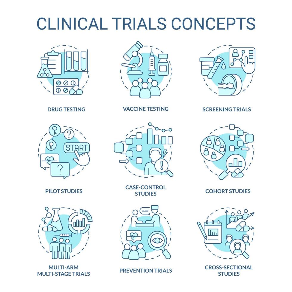 conjunto de ícones de conceito turquesa de ensaios clínicos. estudo de saúde. ilustrações de cores de linha fina de idéia de pesquisa médica científica. símbolos isolados. traço editável. roboto-medium, inúmeras fontes pró-negrito usadas vetor