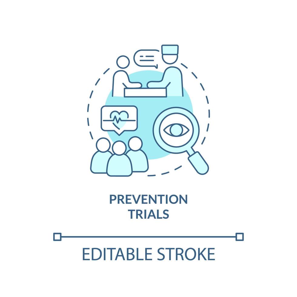 ícone de conceito turquesa de ensaios de prevenção. Ciência médica. tipo de ilustração de linha fina de ideia abstrata de estudos clínicos. desenho de contorno isolado. traço editável. arial, uma miríade de fontes pró-negrito usadas vetor