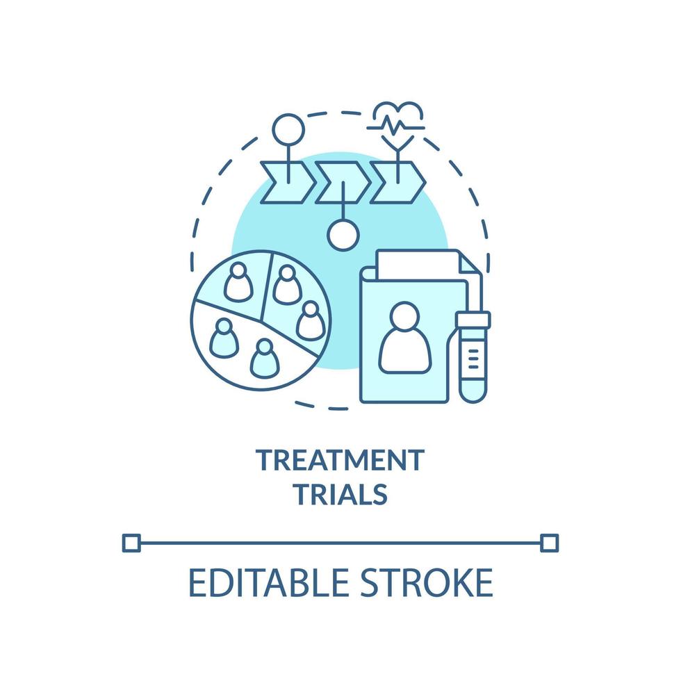 ícone de conceito turquesa de ensaios de tratamento. pesquisa médica. tipo de ilustração de linha fina de ideia abstrata de estudos clínicos. desenho de contorno isolado. traço editável. arial, uma miríade de fontes pró-negrito usadas vetor