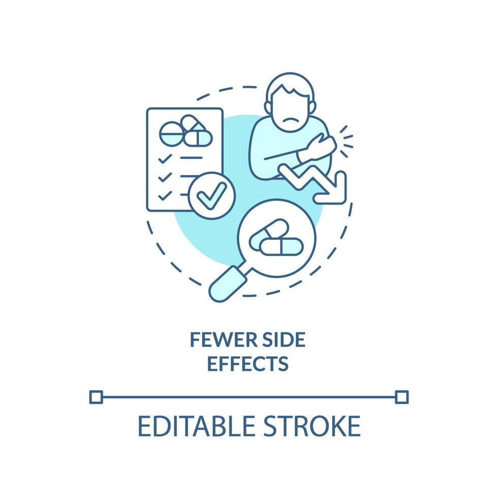 menos ícone de conceito turquesa de efeitos colaterais. vantagem de ensaios clínicos para ilustração de linha fina de ideia abstrata participante. desenho de contorno isolado. traço editável. arial, uma miríade de fontes pró-negrito usadas vetor