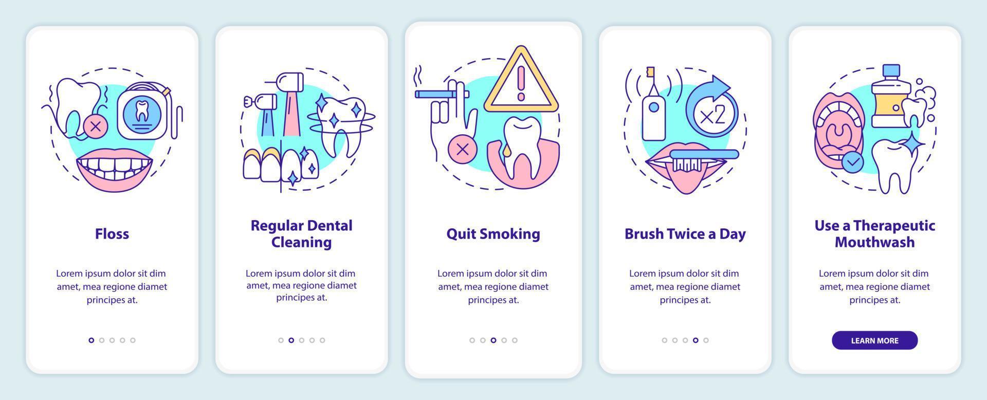 prevenção de doenças gengivais na tela do aplicativo móvel. parar de fumar passo a passo 5 passos páginas de instruções gráficas com conceitos lineares. ui, ux, modelo de gui. inúmeras fontes pró-negrito e regulares usadas vetor