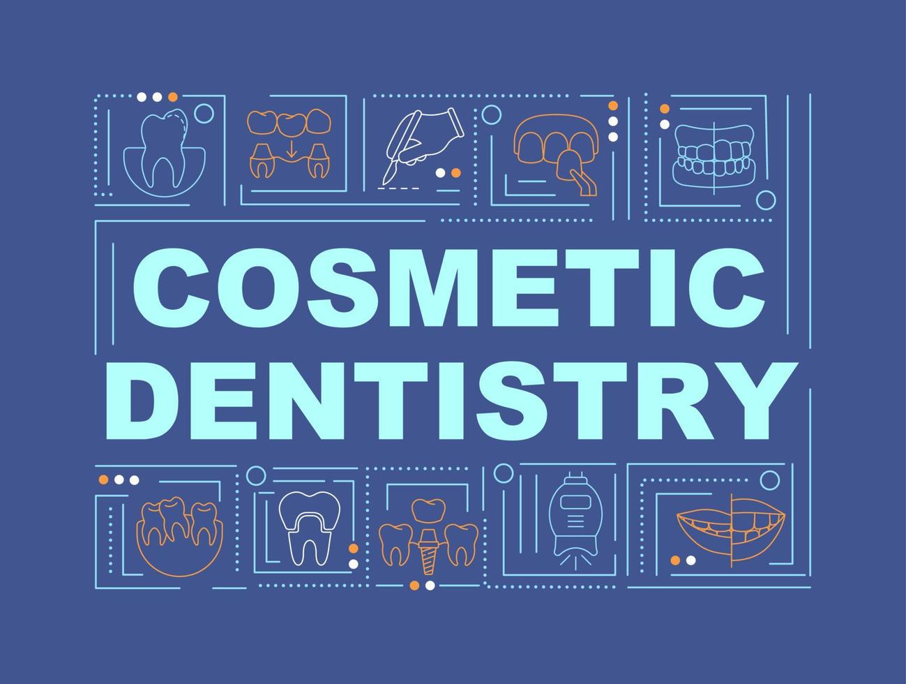 conceitos de palavra de odontologia estética banner azul escuro. tratamento odontológico cosmético. infográficos com ícones na cor de fundo. tipografia isolada. ilustração vetorial com texto. fonte arial-black usada vetor