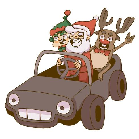 Papai Noel de Natal, gnomo e renas andando de carro vetor