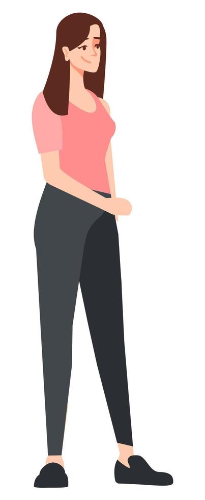 vestindo em casa roupa casual semi plana rgb cor ilustração vetorial. personagem de desenho animado isolado de mulher satisfeita no fundo branco vetor