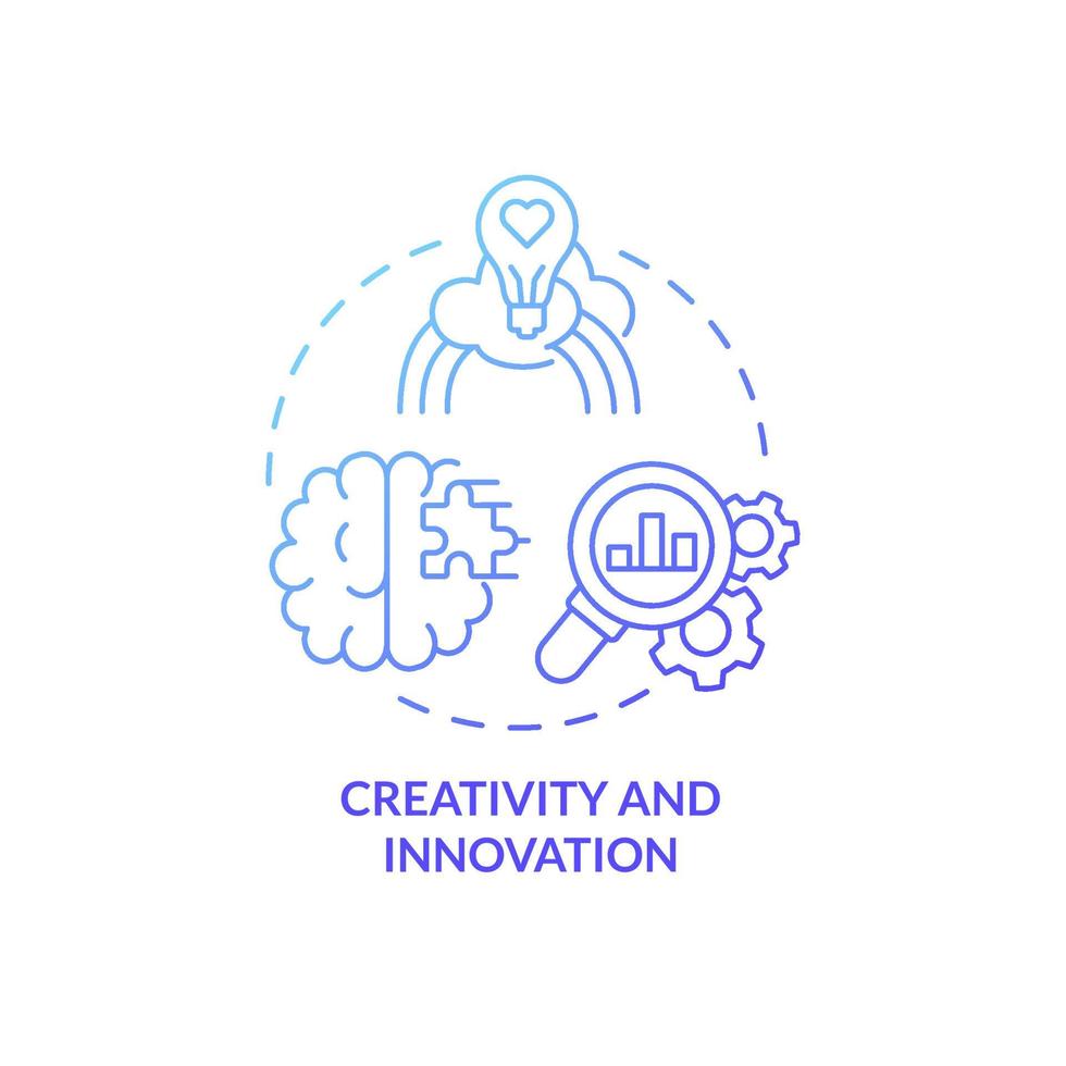 ícone de conceito gradiente azul criatividade e inovação. habilidades de gerenciamento de negócios idéia abstrata ilustração de linha fina. desenho de contorno isolado. roboto-medium, inúmeras fontes pró-negrito usadas vetor