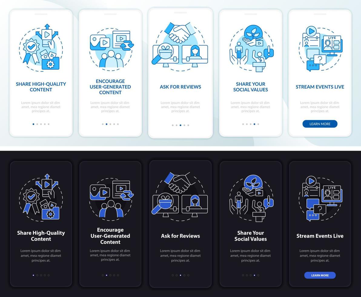 confie na tela do aplicativo móvel do modo noite e dia de mídia social. passo a passo 5 passos páginas de instruções gráficas com conceitos lineares. ui, ux, modelo de gui. uma miríade de fontes regulares pró-negrito usadas vetor