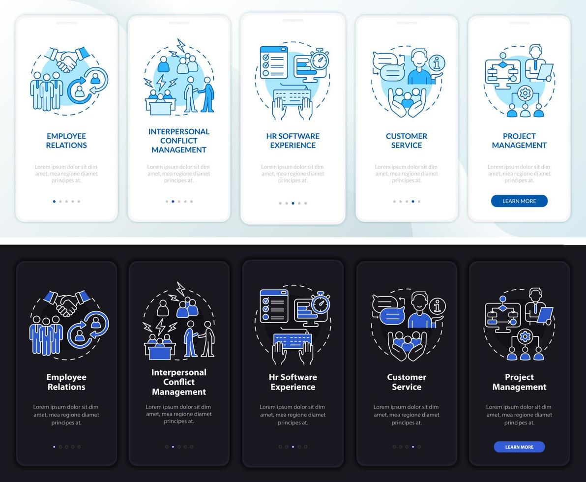 habilidades para o gerente de RH noturno, tela do aplicativo móvel de integração do modo diurno. passo a passo 5 passos páginas de instruções gráficas com conceitos lineares. ui, ux, modelo de gui. uma miríade de fontes regulares pró-negrito usadas vetor