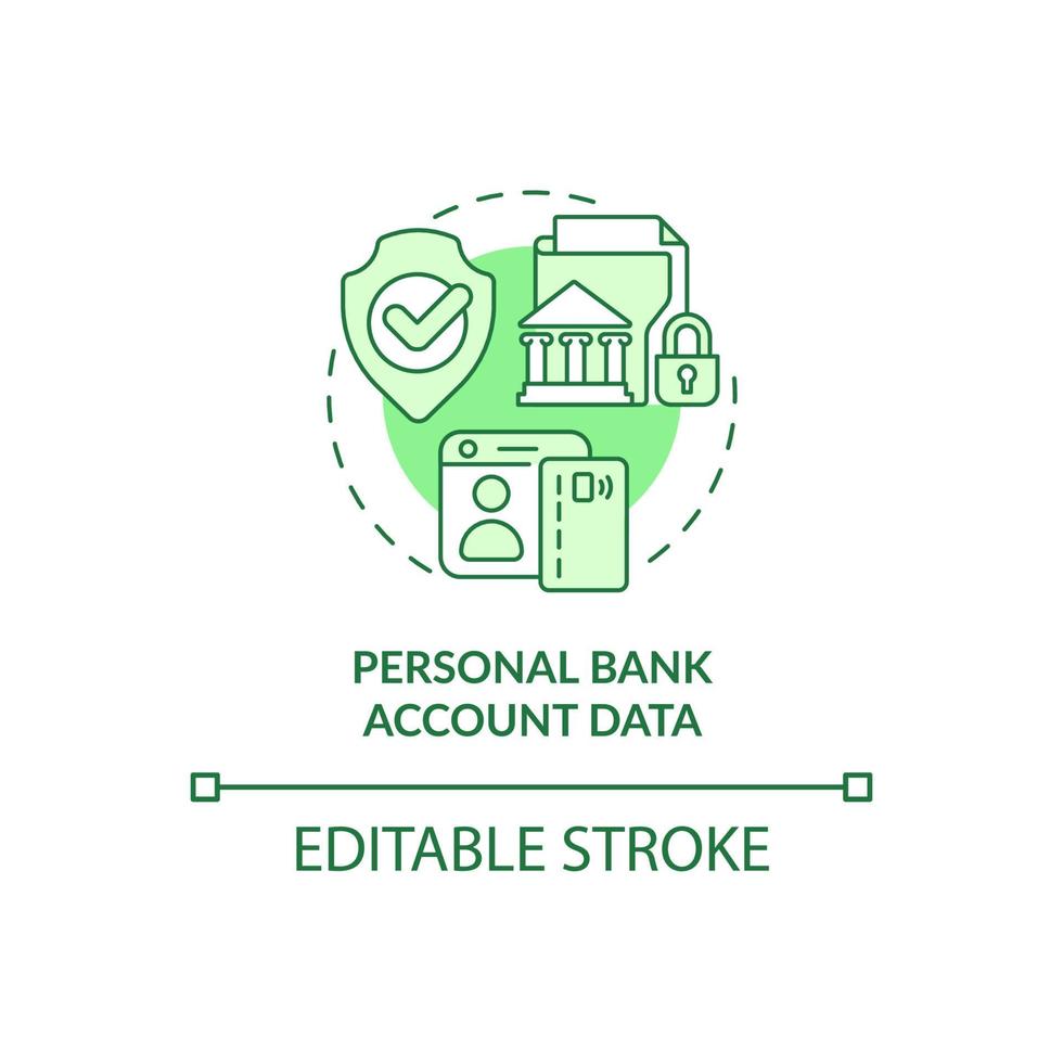 ícone de conceito verde de dados de conta bancária pessoal. ilustração de linha fina de idéia abstrata de segurança de informações financeiras. desenho de contorno isolado. traço editável. roboto-medium, inúmeras fontes pró-negrito usadas vetor