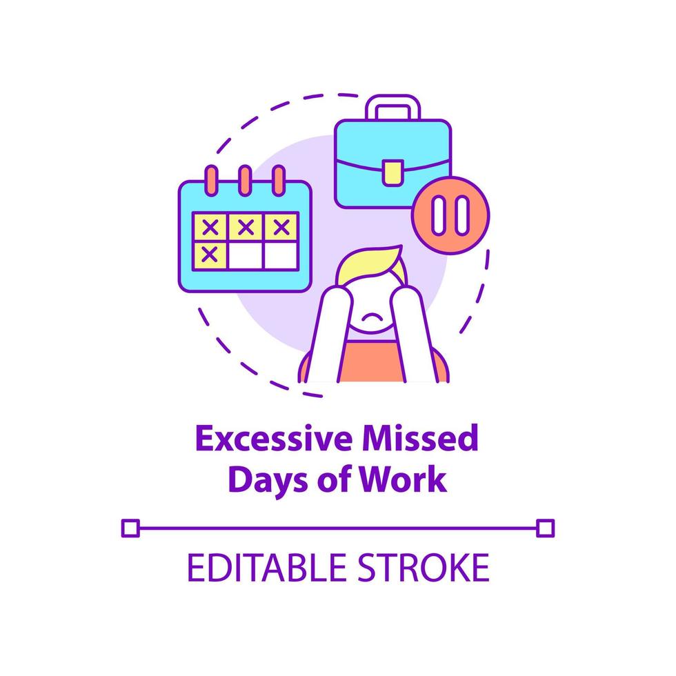 dias perdidos excessivos do ícone do conceito de trabalho. funcionário estressado. ilustração de linha fina de idéia abstrata de saúde mental. desenho de contorno isolado. traço editável. roboto-medium, inúmeras fontes pró-negrito usadas vetor