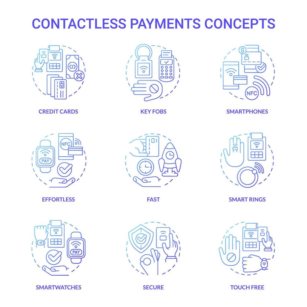 conjunto de ícones de conceito gradiente azul de pagamentos sem contato. serviço inteligente. ilustrações de cores de linha fina de ideia de sistema sem toque. desenhos de contorno isolados. roboto-medium, inúmeras fontes pró-negrito usadas vetor