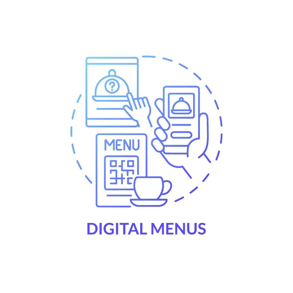 ícone de conceito gradiente azul menus digitais. serviço de comércio eletrônico. ilustração de linha fina de idéia abstrata de sistema sem toque. desenho de contorno isolado. roboto-medium, inúmeras fontes pró-negrito usadas vetor